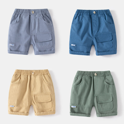 Casual Khaki Five-Point Pants with Large Pockets Faux Button Elastic Waistband Kids Sport Shorts