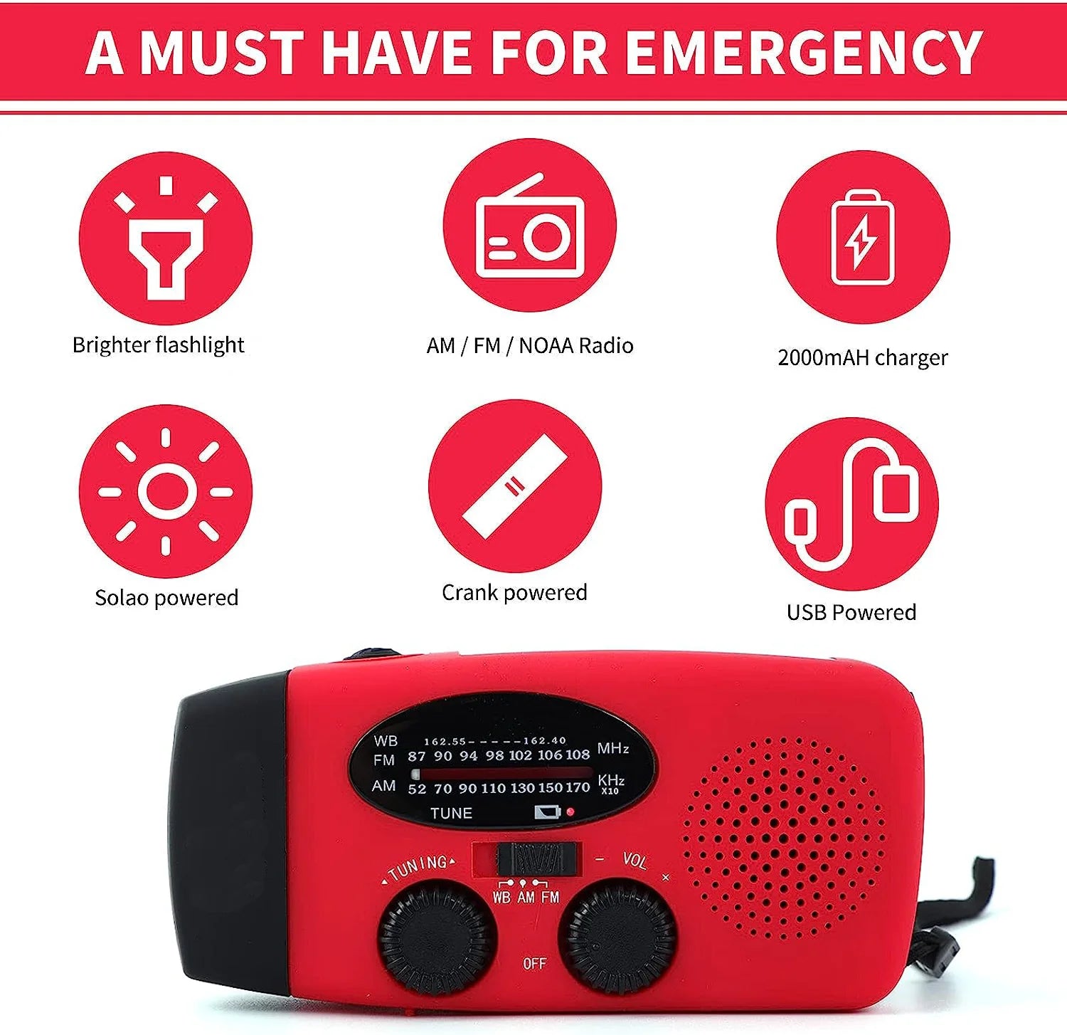 Multifunctional Waterproof Emergency Power USB Charger Solar Hand Crank Dynamo Portable AM/FM Radio Built-In Speaker Flashlight